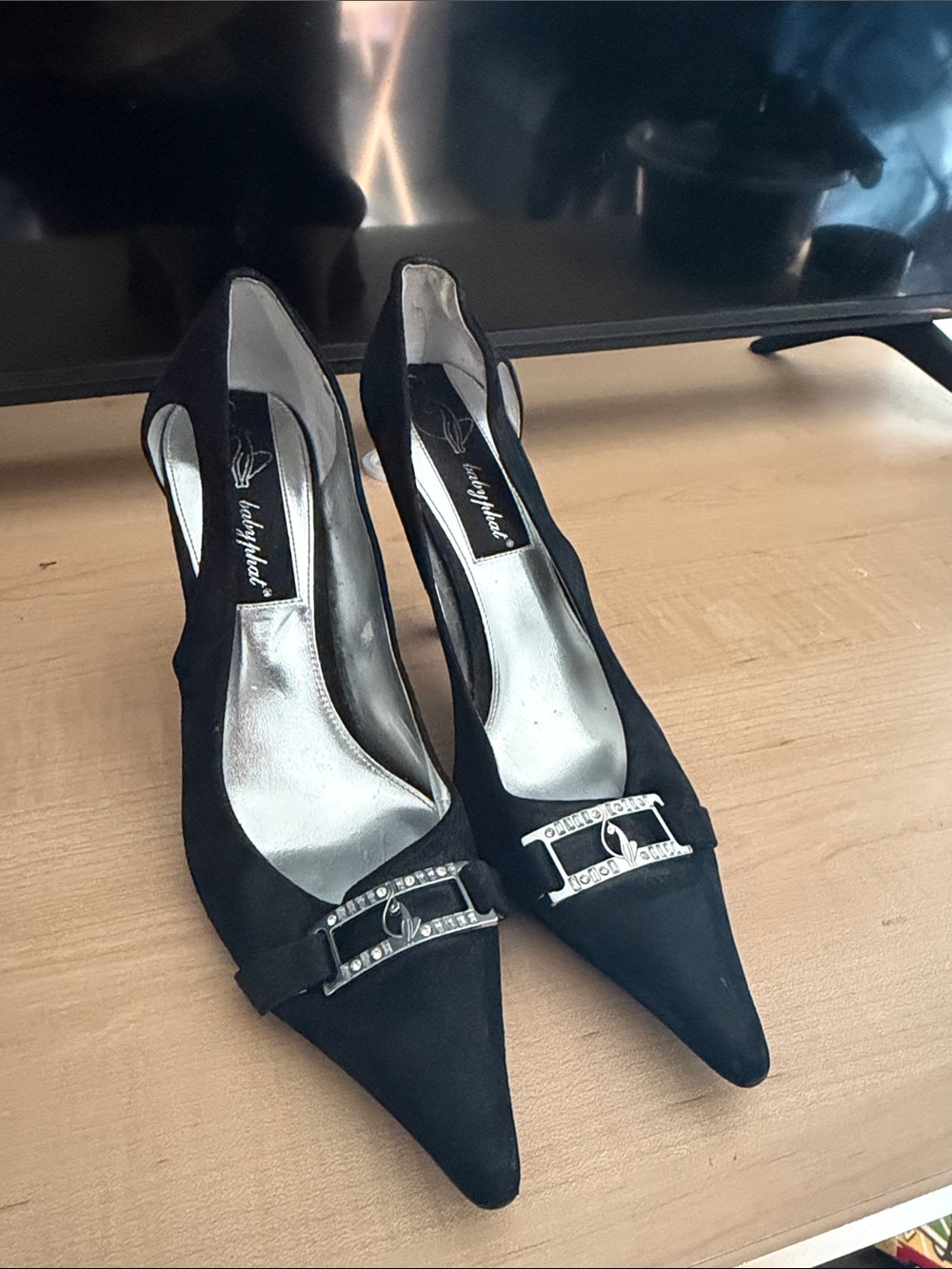 Baby Phat Lacy Heel Black Pointed Toe Dress Pumps with Silver Accent
